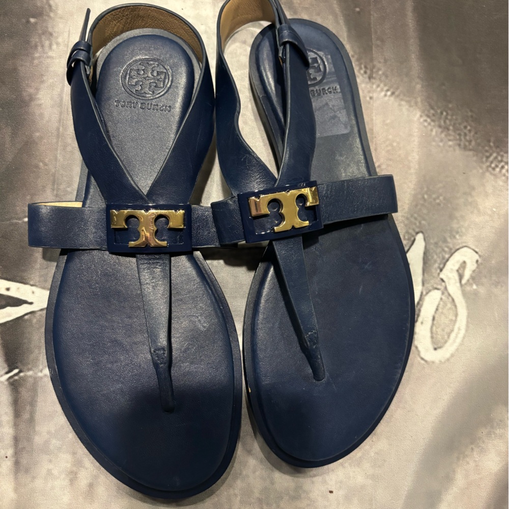 Tory Burch Dark Blue Sandals with Gold Accent